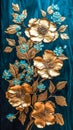 Golden flowers painted in oil on a wooden surface, generative AI. Royalty Free Stock Photo