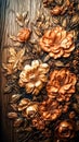 Golden flowers painted in oil on a wooden surface, generative AI. Royalty Free Stock Photo