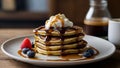 a stack of pancakes with syrup and berries on top Golden Fluffiness Pancakes on a Rustic Table