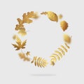Golden flying autumn leaves in the form of circle on light gray background. Autumn concept, fall background. Minimal floral design
