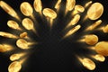 Golden flying coins. Approaching cash flow on black background, 3D money rain. Casino symbol, realistic monetary blank Royalty Free Stock Photo