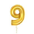 Golden foil balloon, numeral 9 or nine