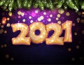 Golden foil balloon 2021 sign on violet background Royalty Free Stock Photo