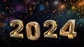 Golden foil balloons in the shape of the year 2024 against a black background with colorful confetti and fireworks Royalty Free Stock Photo