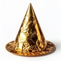 Golden Foil Cone Shaped Party Hat on White Background in Studio Lighting Royalty Free Stock Photo