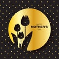 Golden foil Floral Greeting card - Happy Mother's Day - Gold Sparkles holiday black background with Spring Tulips. Royalty Free Stock Photo