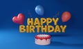 Golden Foil Happy Birthday Font With Realistic Delicious Cake And Balloons On Blue Royalty Free Stock Photo