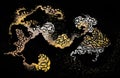 Golden foil Japanese painting element. Dark black background shiny gold metal luxury wallpaper flyer waves. Light glow