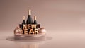 Golden Foil New Year Text With 3D Champagne Bottle, Flute Glasses Over Podium And Baubles On Copper Royalty Free Stock Photo