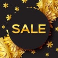 Golden Foil Spring Summer Sale banner with frame for business. Applique Card with origami flowers. Royalty Free Stock Photo