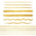 Golden foil vector lines, uneven streaks, stripes, long brushstrokes