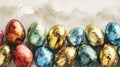 Golden Foil Watercolor Easter Eggs on Textured Background. Richly textured Easter eggs with golden foil watercolor Royalty Free Stock Photo
