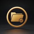 Golden Folder Icon with Check Mark Symbol on Dark Background Keywords: folder, document, file, archive, storage, data, information Royalty Free Stock Photo