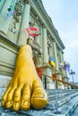 The golden foot, the art object at the main entrance to Stadttheater, on March 31 in Bern, Switzerland