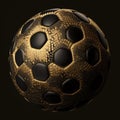 Golden football ball isolated on black background close-up, beautiful sports background,