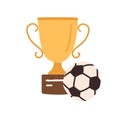 Golden football cup with soccer ball. Gold goblet on podium. Champion's trophy for first place. Winner s prize for Royalty Free Stock Photo