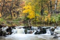 Golden forest with flowing river water through stones at autumn, long exposure Royalty Free Stock Photo