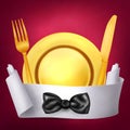 Golden fork knif and plate with paper role banner Royalty Free Stock Photo