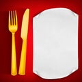 Golden fork and knife with paper template. Menu card. Royalty Free Stock Photo