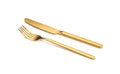 Golden fork and knife on white background