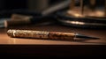 Golden fountain pen leaves drawing a straight ink line on a white paper closeup. Royalty Free Stock Photo