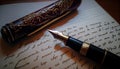 Golden fountain pen leaves drawing a straight ink line on a white paper closeup. Royalty Free Stock Photo