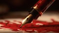 Golden fountain pen leaves drawing a straight ink line on a white paper closeup. Royalty Free Stock Photo