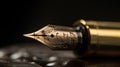 Golden fountain pen leaves drawing a straight ink line on a white paper closeup. Royalty Free Stock Photo