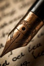 Golden fountain pen leaves drawing a straight ink line on a white paper closeup. Royalty Free Stock Photo