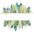 Golden frame border with hand drawn green and golden tropical fern leaves and watercolor crystals Royalty Free Stock Photo