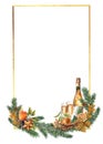 Golden frame for a card with a Christmas still life with champagne, tangerines Royalty Free Stock Photo