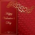 Golden frame and decorative gold hearts on dark red background - vector valentine greeting card Royalty Free Stock Photo