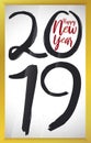 Golden Frame with Handwritten 2019 Text for New Year Celebration, Vector Illustration