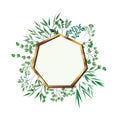 Golden frame heptagon with foliage isolated icon