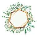 Golden frame heptagon with foliage isolated icon