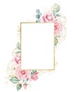 Golden frame made of pink watercolor roses flowers and green leaves, wedding and greeting illustration