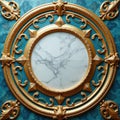 Golden frame with marble pattern background. Luxurious ornament design on blue wall, three-dimensional render. Decorative vintage Royalty Free Stock Photo