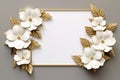 Golden frame with paper cut blooming white flowers with gold leaf on light grey background