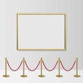 Golden frame for picture with gold stanchions barrier. Mock up template for famous painting vector illustration