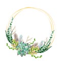 Golden frame with watercolor cactuses, leaves, and feathers. Watercolor golden geometric frame with succulents and