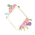 Golden frame with watercolor flowers and leaves. Vintage boho chic style banner with pink roses, feathers,green leaves, isolated Royalty Free Stock Photo