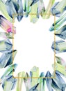 Golden frame of watercolor gemstones, crystals in green colors on a white background