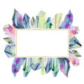 Golden frame of watercolor gemstones, crystals in green and purple shades and feathers on a white background