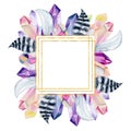 Golden frame of watercolor gemstones, crystals in pink and purple shades and feathers on a white background