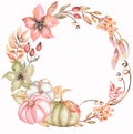 Golden frame with watercolor pink and beige floral composition. Hand drawn garden flowers with pink, white and green pumpkins Royalty Free Stock Photo