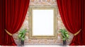 golden frames on brick wall with red curtain, Gallery exhibition interior. Picture frames on brick wall. Royalty Free Stock Photo