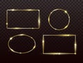 Golden frames set with light effect. Glitter banners on dark transparent background. Gold luxury glowing frames. Bright Royalty Free Stock Photo