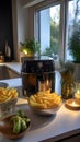 Golden French fries potatoes with ketchup on a wooden table in the darkFrench fries in a modern electric coffee machine in the Royalty Free Stock Photo