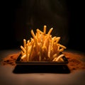 Golden French fries with smoke coming out of a smart-phone on black background Royalty Free Stock Photo