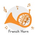 Golden French Horn clipart cartoon style. Frech horn brass musical instrument flat vector illustration. Brass instrument horn